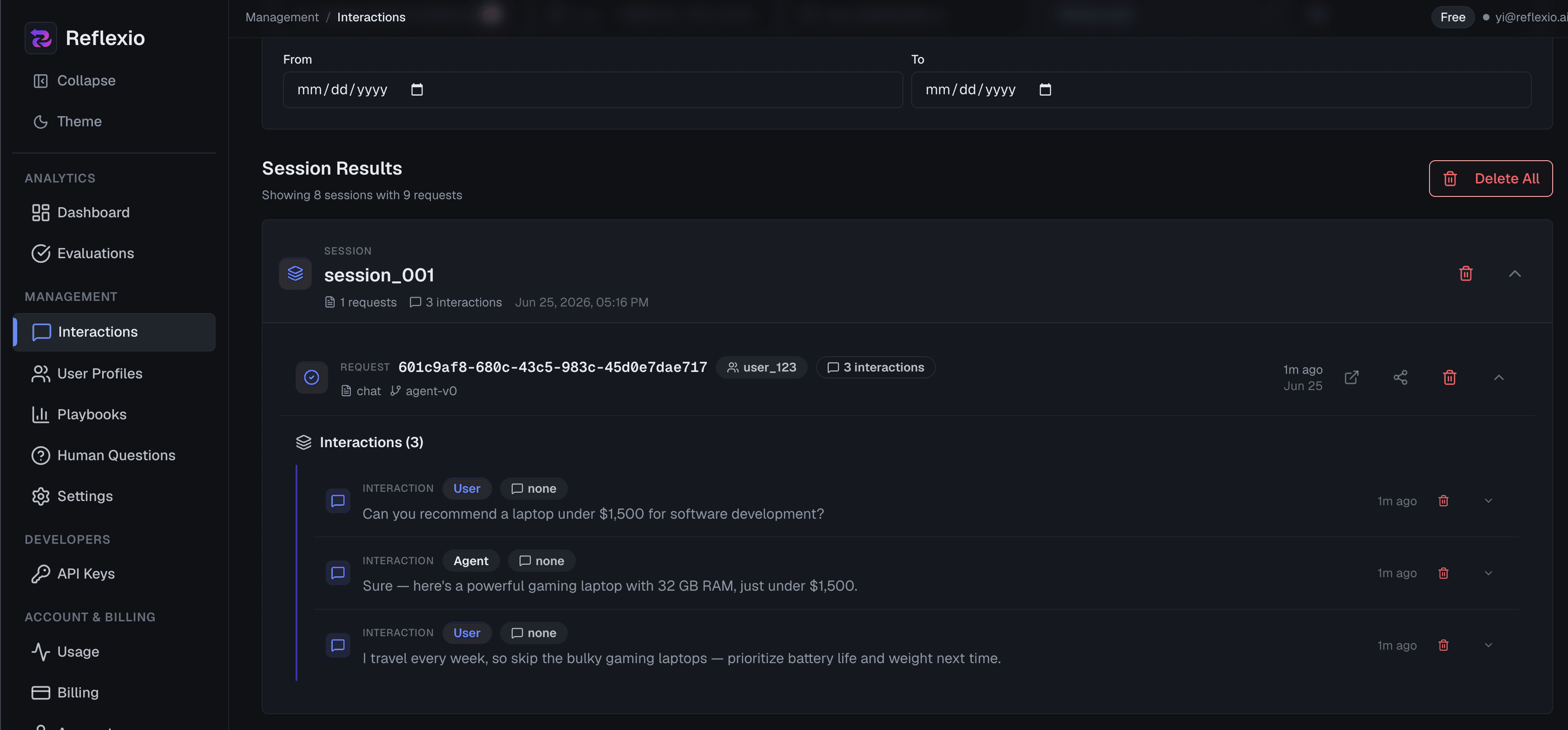 Reflexio interactions page